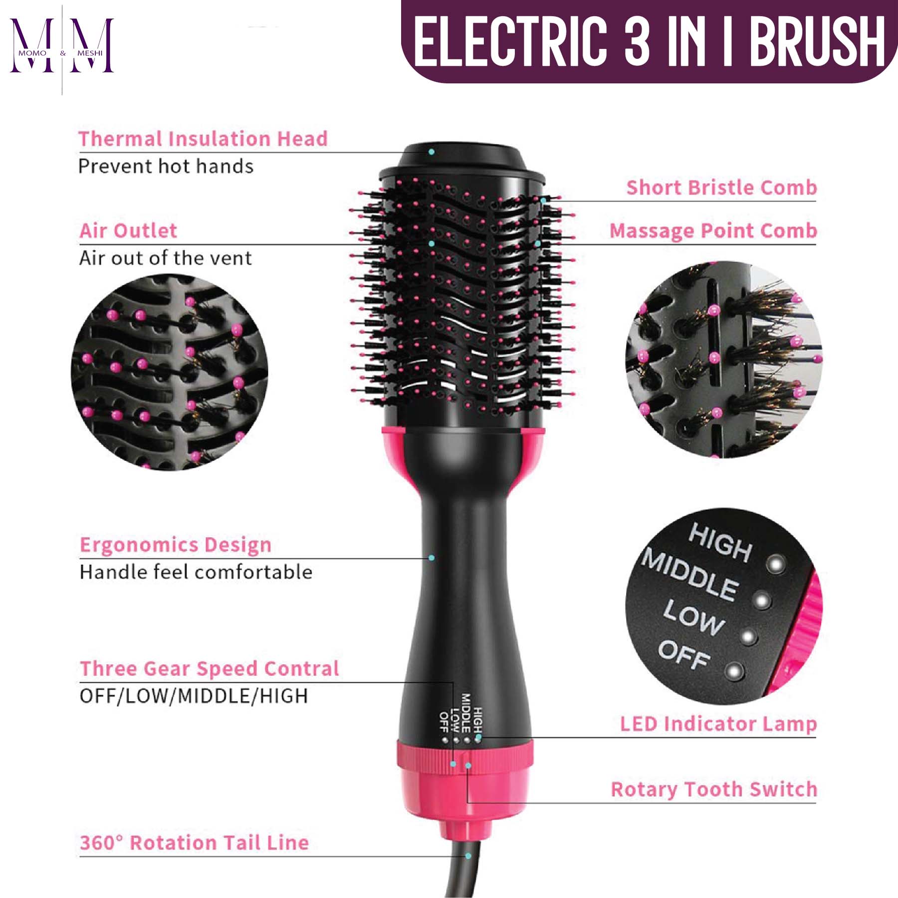3-in-1 Hair Dryer Brush - One Step Hot Air Brush for Women - Hair Straightener, Curler & Volumizer - Ionic Blow Dryer & Hot Air Brush for Women | Best Hair Styling Tool in Pakistan
